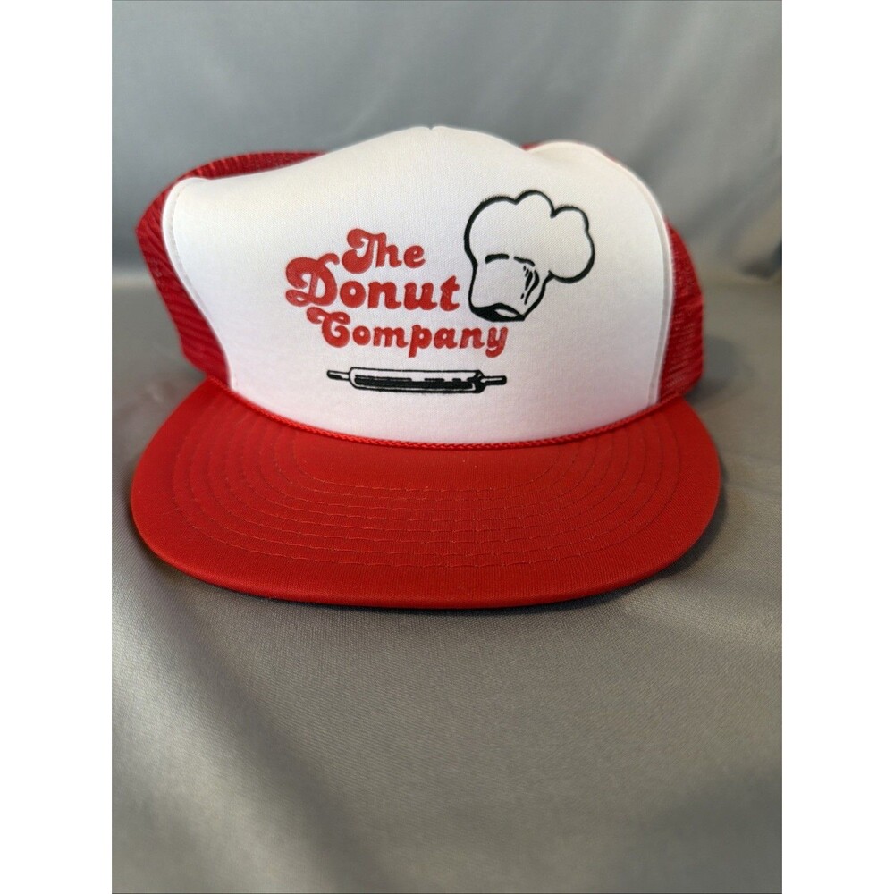 Vintage Mesh Snapback Hat THE DONUT COMPANY Trucker Hipster Cap Red White